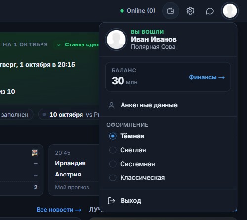 Меню под аватаркой, блок «Оформление»